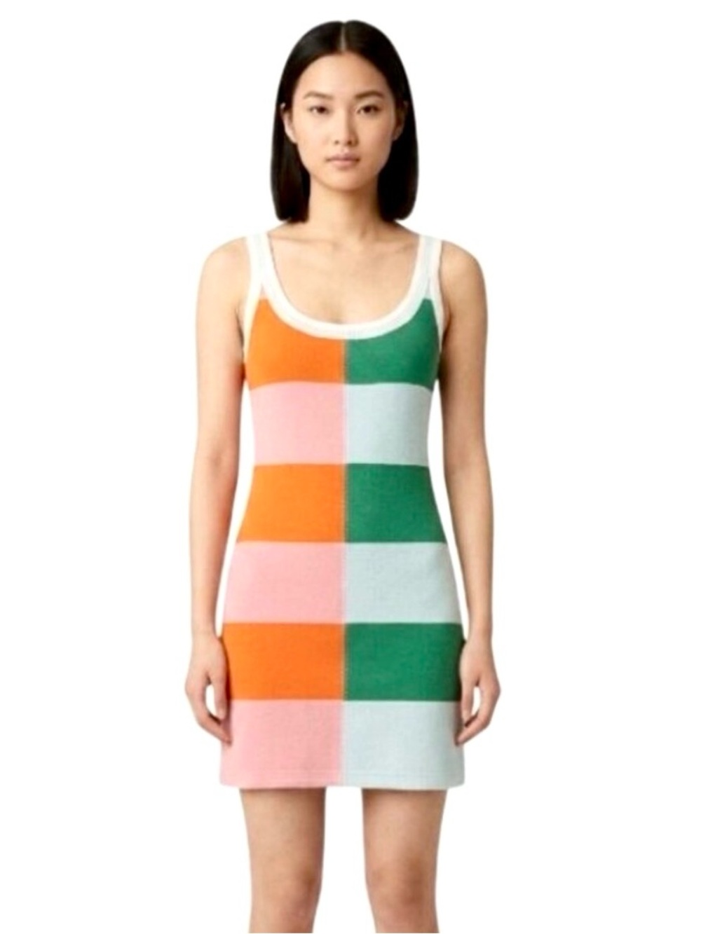 Seaside Colorblock Crochet Knit Mini Dress Pink Green Orange Rugby Stripe Casual